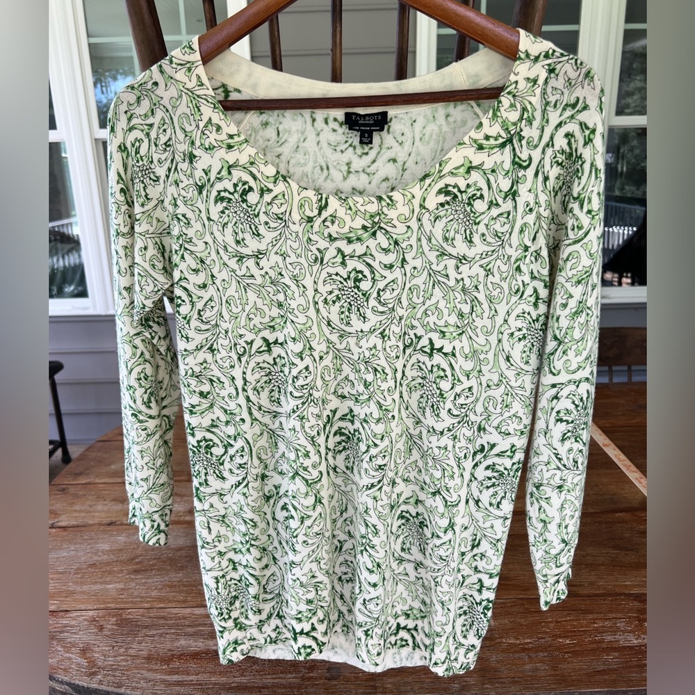 Talbots 100% Pure Italian Merino Wool Sweater White Green Damask Floral Small